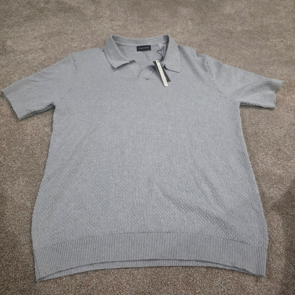 Men Light Grey Textured Knit Short Sleeve Polo Golfcore Minimalist Quiet Luxury